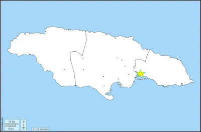 Petite halte dans les Caraïbes, en Jamaïque plus exactement.
Quelle ville est désignée par l'étoile jaune ?