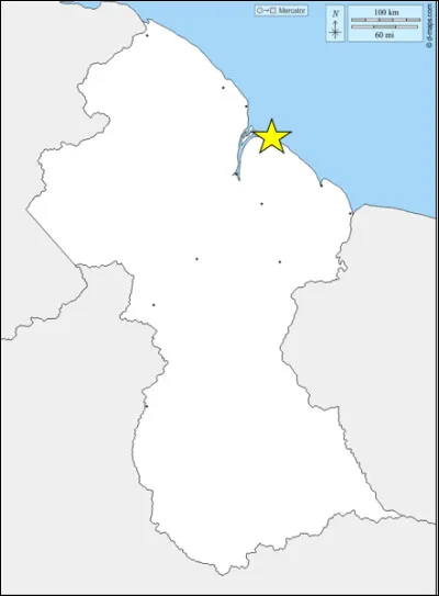 Dernière question concernant les Amériques pour ce quiz avec cette carte du Guyana.
Quelle ville est désignée par l'étoile jaune ?