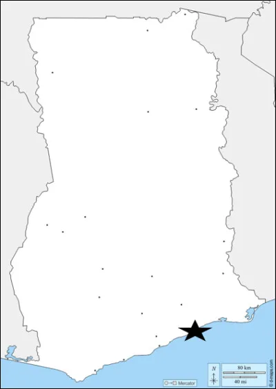 On retraverse l'Atlantique pour arriver en Afrique. 
Première destination sur ce continent : le Ghana.
Quelle ville est légendée par l'étoile noire ?
