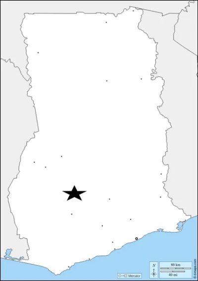 Encore un petit tour au Ghana avec cette carte.
Quelle ville est annotée par l'étoile noire ?