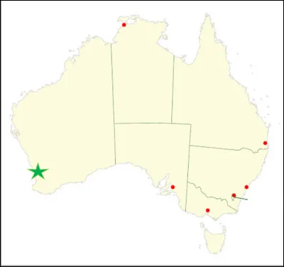 Dernier continent de notre quiz avec l'Océanie.
Quand on pense Océanie on pense Australie, dons attardons-nous sur ce pays.
Quelle ville semblant perdue à l'ouest est signalée par l'étoile verte ?