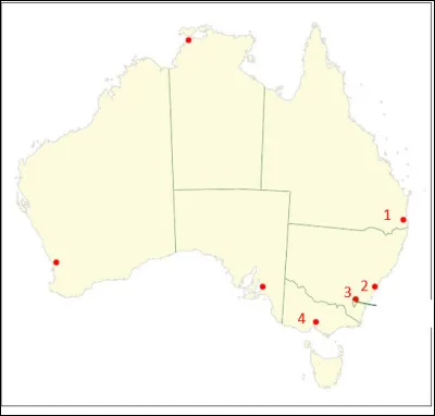 Seconde étape en Australie avec cette carte 
Lequel de ces numéros désigne la ville de Melbourne ?