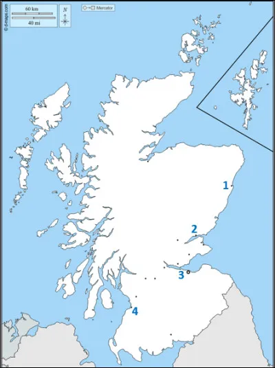 Un peu plus au nord désormais, mais toujours au Royaume-Uni avec un petit tour en Écosse.
Quelle ville est désignée par le numéro 1 ?