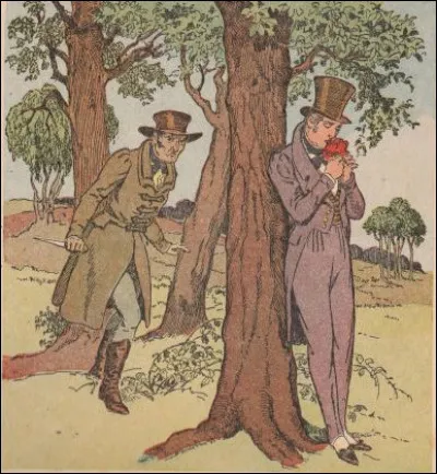 Le beau jeune homme, plongé dans ses sentiments, s'appuie contre un arbre d'un bois désert et obscur pour embrasser encore et encore la rose avant de porter un message commandé par l'individu le plus haineux qu'il lui avait été donné de rencontrer.
Qui arrive bientôt derrière lui, féroce, méchant, un scélérat totalement opposé aux amours des jeunes gens ?