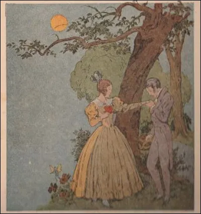 Effrayé, il se rend alors sous la charmille entourée de pensées semblables à des papillons.
Que voit-il ?