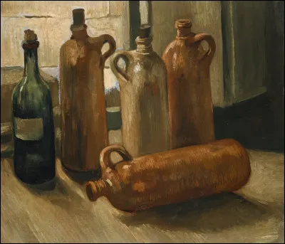Qui est l'auteur néerlandais de ce tableau intitulé '''Nature morte aux cinq bouteilles'' ?