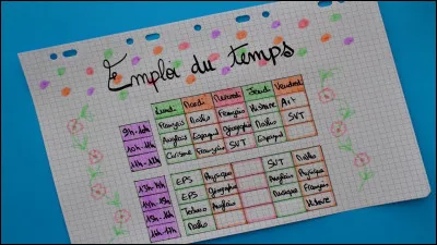 Bref ! Tu regardes dans ton carnet et tu as comme cours : 
français, maths, anglais, histoire (midi), art et sport (x2).