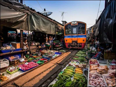 Pour terminer : 
Ce marché thaï est très célèbre, car il est bâti sur une voie de chemin de fer. À chaque fois que le train passe, les marchands replient très vite toutes les marchandises se trouvant sur son chemin pour le laisser passer.
Comment sappelle-t-il ?