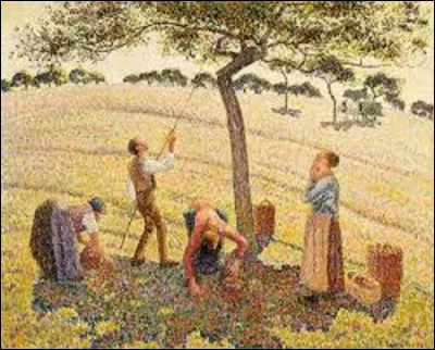 Et on clôt notre balade picturale avec cette toile pointilliste intitulée ''La Récolte des pommes à Éragny''. Quel peintre est l'auteur de ce tableau peint en 1888 ?