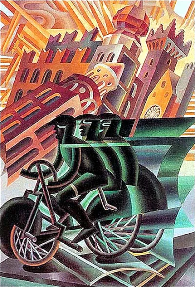 Cette peinture intitulée Le Cycliste qui traverse la ville est l'oeuvre de Fortunato Depero, peintre futuriste italien.
Quel manifeste a-t-il écrit avec Giacomo Balla ?