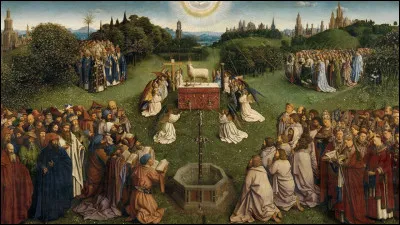 Qui a achevé à la suite du décès de son frère, le retable de L'Adoration de l'Agneau mystique (polyptyque de 24 panneaux : 12 intérieurs et 12 extérieurs) ? 
Ci-dessus, le panneau central intérieur inférieur.
