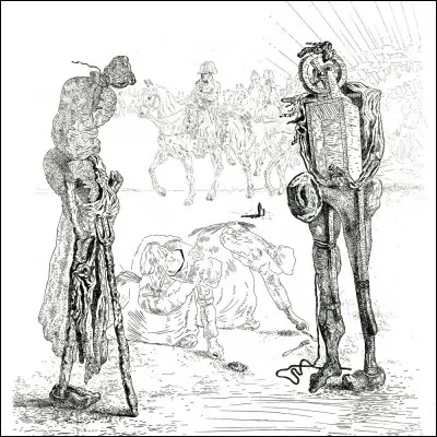 Nous avons là, dessinée par Dali, une illustration pour Les Chants de Maldoror du Comte de Lautréamont. L'on y distingue bien la paysanne et le paysan de l'Angélus. 
Mais quelle autre oeuvre de Millet y est également représentée ?