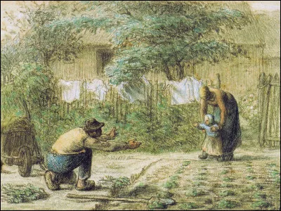 Qui est l'auteur de cette version des Premiers pas, où l'on retrouve trois éléments caractéristiques de L'Angélus : le paysan, la paysanne et la brouette, l'enfant pouvant faire référence au supposé cercueil d'enfant sous le panier de pommes de terre de L'Angélus ?