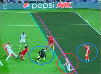 Le gardien sort. Derrière lui, le n°9 qui a derrière lui un défenseur. Le n°9 reçoit la balle et marque. Quelle décision prends-tu ?