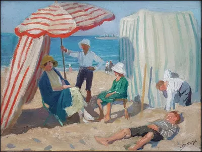 1880 - 1947 - Cette toile "Sur la plage" est de Lucien Jonas, peintre français qui ne cessera de se distinguer en remportant de nombreux prix et médailles. Lauréat du second Prix de Rome en 1905, Rosati d'honneur en 1926, etc., classé peintre d'histoire et de genre, il est nommé en 1932, par le ministre français des armées "peintre de l'air". Que signifie ce titre ?