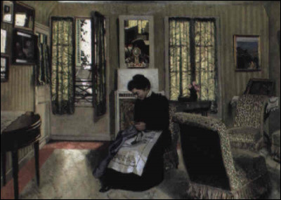 Qui a peint "Intérieur, chambre gris vert avec femme en noir cousant" ?