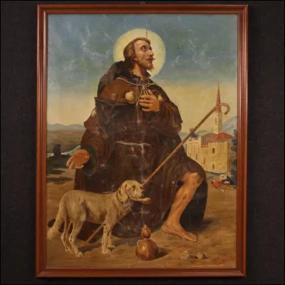 Qui est le Saint patron des malades de la peste, des Invalides, des apothicaires, des célibataires, des chiens, des pèlerins, de ceux accusés à tord et d'Istanbul dont les symboles sont une blessure de la peste à la cuisse, un chien offrant du pain, un chapeau et un bâton de pèlerin ?
