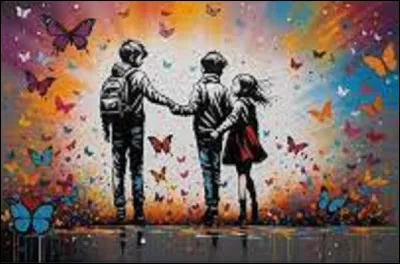 Quel artiste de rue est l'auteur de cette uvre intitulée ''Two Brothers and a Sister with Colorful Butterflies'' ?