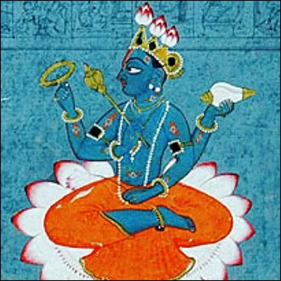 Quelle divinité hindoue, généralement représentée avec la peau bleue, forme un couple avec Lakshmi ?
