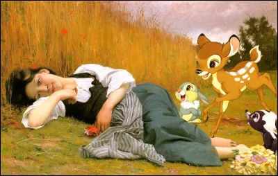 "Repos dans les récoltes" est un tableau de William Bouguereau. Quel est le nom du petit lapin qui s'est glissé aux côtés de Bambi ?