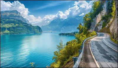 Eau claire, fond montagneux, cette route suisse du canton de Berne fait le tour du lac de Thoune en passant &agrave; flanc de montagne. Quel lac traverse-t-elle aussi ?