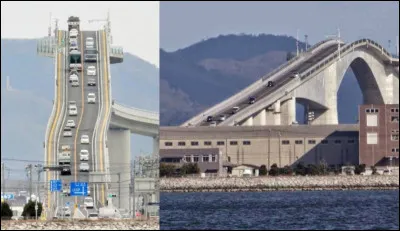 Le pont Eshima Ohashi à Matsue, au Japon, possède une pente raide. Mieux vaut être bien accroché pour monter cette pente ! Sinon, on la dévale en sens inverse ! À votre avis, ce pont est-il bien réel ?