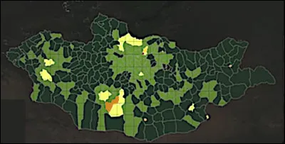 Août 2010 : Carte satellite du territoire de la Mongolie > Que représentent les zones en jaune, orange et rouge ?