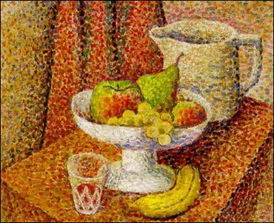 Qui a peint la toile intitulée "Nature morte à la coupe de fruits et au verre" ?