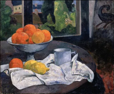 Qui est le peintre de la toile intitulée "Nature morte à la coupe de fruits et aux citrons" ?