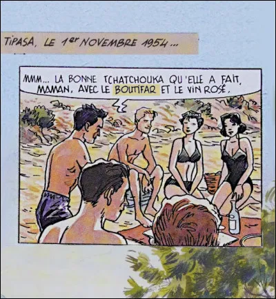 Novembre 54 > Certains se la coule douce (Sauveur papote avec Marianne à sa gauche), se baladent en maillot à la Toussaint ! Que signifie le mot surligné en jaune ?