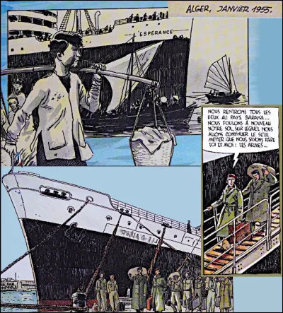 Janvier 1955 > Tandis que nos braves pioupious (parmi lesquels Octave), de retour d'Indochine, débarquent du [...Nom du paquebot ?...], six mois à peine après la conférence de [...Complétez !...]
