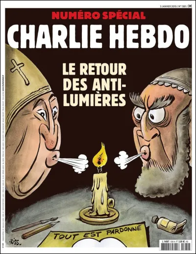 Cette caricature, publiée en janvier 2019 dans ce numéro spécial de Charlie Hebdo, est un dessin de ...