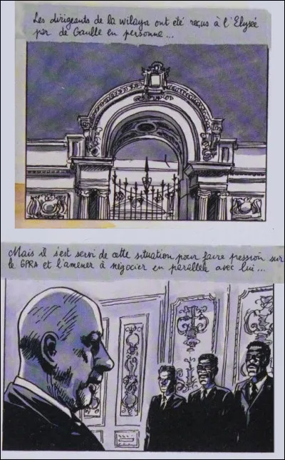 10 juin 1960 > Des tractations secrètes - que l'état-major français nomme "[...Comment ?...] - ont lieu au plus haut niveau avec le GPRA*. Tout les témoins algériens présents à lÉlysée seront "liquidés". Quant aux Français, que leur advient-il ?