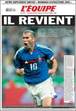 Aprs l'limination  l'Euro 2004, Zidane annonce sa retraite internationale. Mais il revient en bleu en 2005, face  la Cte d'Ivoire. Et pour son retour, il marque contre les ivoiriens...