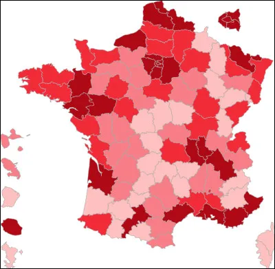 Voici la carte de la France. Elle correspond au nombre de naissances de Jade ! Plus c'est foncé, plus il y en a !
Y a-t-il beaucoup de naissances en Corse ?