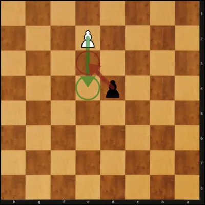 Parlons à présent d'une règle spéciale des échecs ! Comment appelle-t-on ce coup ? (Le pion blanc avance de deux cases, puis le pion noir part en diagonale derrière le pion blanc qu'il mange au passage.)
