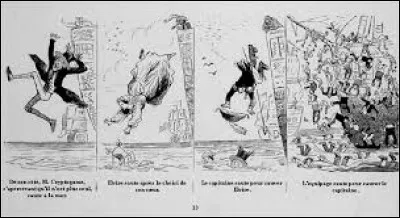L'image représente une partie de l'Histoire de monsieur Cryptogame de l'auteur suisse Rodolphe Töpffer. Pourquoi le héros saute-t-il à l'eau, ce qui entraîne une réaction en chaîne ?