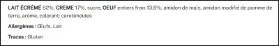 En allant faire des courses, Denis s'int&eacute;resse aux &eacute;tiquettes des produits. Sur ce paquet de cr&egrave;me aux œufs, la valeur &eacute;nerg&eacute;tique a &eacute;t&eacute; malencontreusement effac&eacute;e. Aide-le &agrave; la calculer :