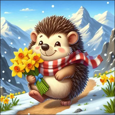 Le petit hérisson rapporte des fleurs de montagne :