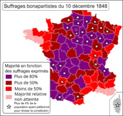 En s'aidant éventuellement de la carte, dans quel département Louis-Napoléon Bonaparte a-t-il obtenu son plus faible score d'après le décompte le plus fréquent ?