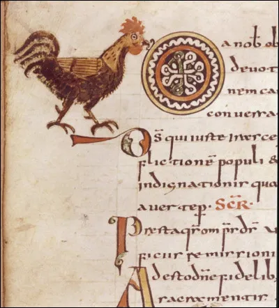 Voici l'enluminure d'un coq et d'une roue en début d'article du "Sacramentarium de Gellone".
La présence de l'ouvrage est attestée au début du IXe siècle dans une abbaye de ce qui se situe dans l'actuel département de l'Hérault.