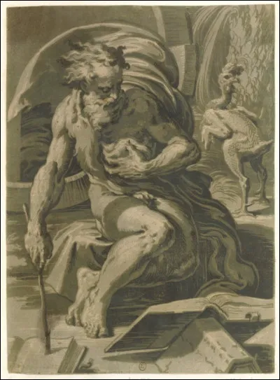 "Diogène et le bipède sans plumes", donc un poulet plumé (ce qui qualfie bien la condition de l'Homme !), est une réalisation de l'artiste graveur ... d'après une épreuve de l'Italien Le Parmesan.