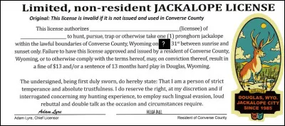 Le jackalope est un lièvre à bois d'antilope. D'après ce permis, quel jour de l'année la chasse au jackalope est-elle autorisée ?