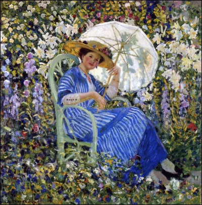 Quel peintre a conservé ce souvenir de cette belle sous une ombrelle par ce tableau intitulé "Dans le jardin" ?