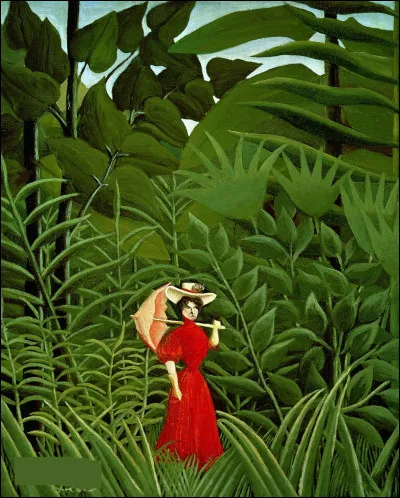 Quel peintre d'art naïf a réalisé le portrait de cette "Femme en rouge dans la forêt" ?
