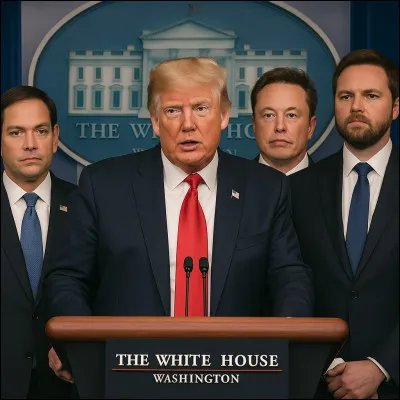 ''We will make America great again !'' Le double-Président américain, 45e et 47e Président des États-Unis, à la fois prédécesseur et successeur de Joe Biden, issu du parti républicain, Donald Trump, prononçant un discours devant un pupitre, dans la Maison-Blanche, entouré de son secrétaire d'État, Marco Rubio, à sa droite, ainsi que de son soutien temporairement le plus fidèle durant sa campagne, Elon Musk, et de son vice-président, J.D. Vance, à sa gauche. Cette image les représentant est-elle vraie ou fausse ?