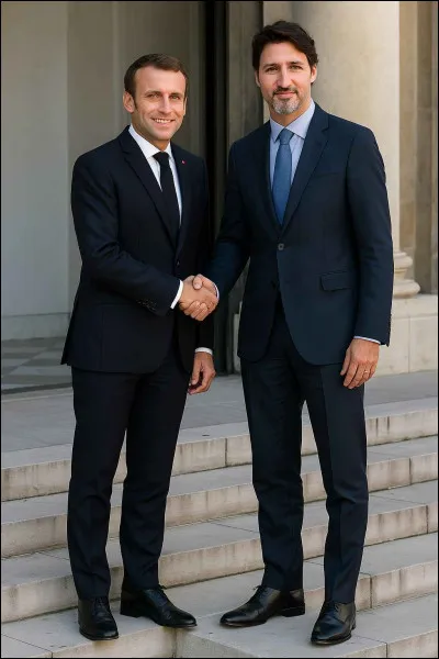 Lactuel Président de la République française, à la tête du bloc central, Emmanuel Macron, recevant le Premier ministre démissionnaire du Canada et chef du parti libéral, Justin Trudeau, devant le Palais de lÉlysée, tous deux ayant duré au pouvoir pendant un total de dix ans. Cette image les représentant est-elle vraie ou fausse ?