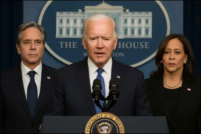 ''We are America, second to none, and we own the finish line !'' Le 46e Président des États-Unis, issu du parti démocrate, Joe Biden, prononçant un discours devant un pupitre, dans la Maison-Blanche, entouré de son secrétaire d'État, Antony Blinken, à sa droite, et de sa vice-présidente, Kamala Harris, à sa gauche. Cette image les représentant est-elle vraie ou fausse ?