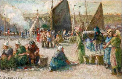 Camille Pissaro dépeint ici le marché aux poissons sur le port d'une ville de Seine-Martime en Normandie, devenue la capitale du cerf-volant. Laquelle ?