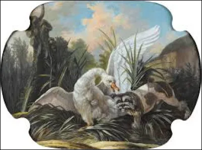 En 1768, quel peintre a réalisé cette scène de chasse intitulée ''Chien barbet attaquant un cygne'' ?